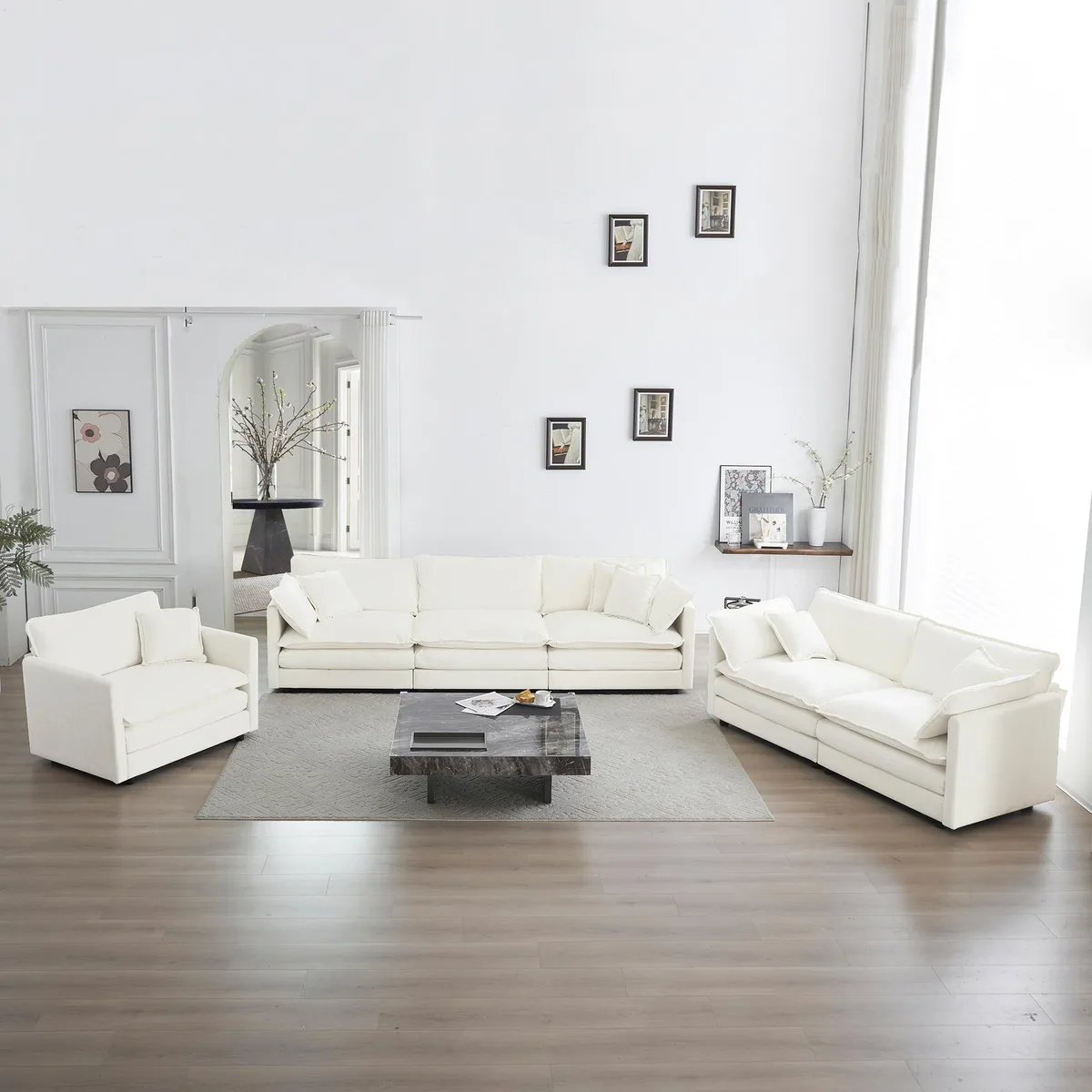 Three-piece white chenille sectional set: three-seater, loveseat, single chair