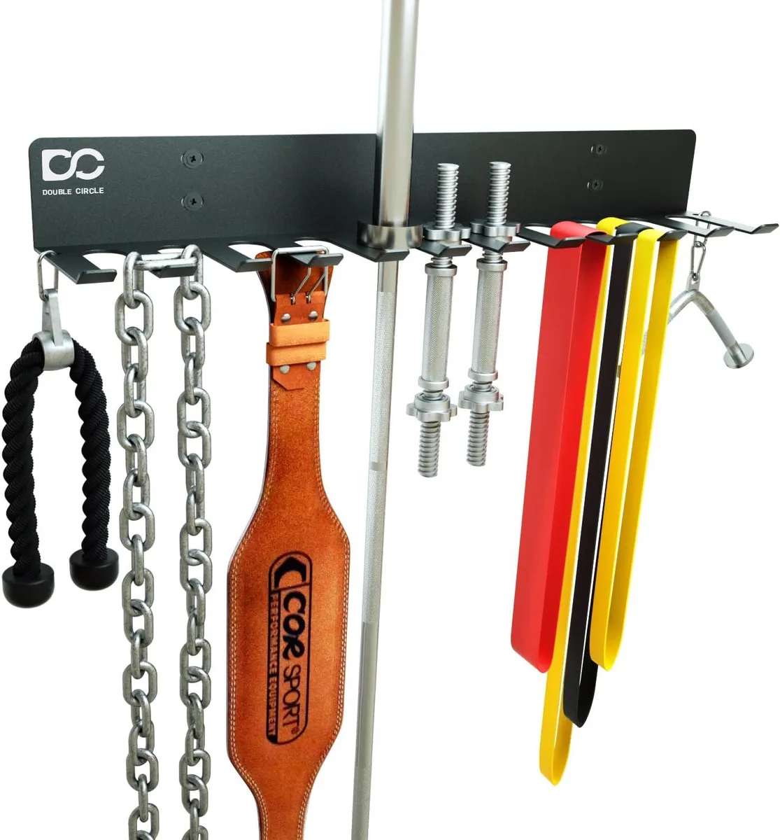 Black powder-coated steel double-circle wall rack with twelve angled hooks and two carabiners