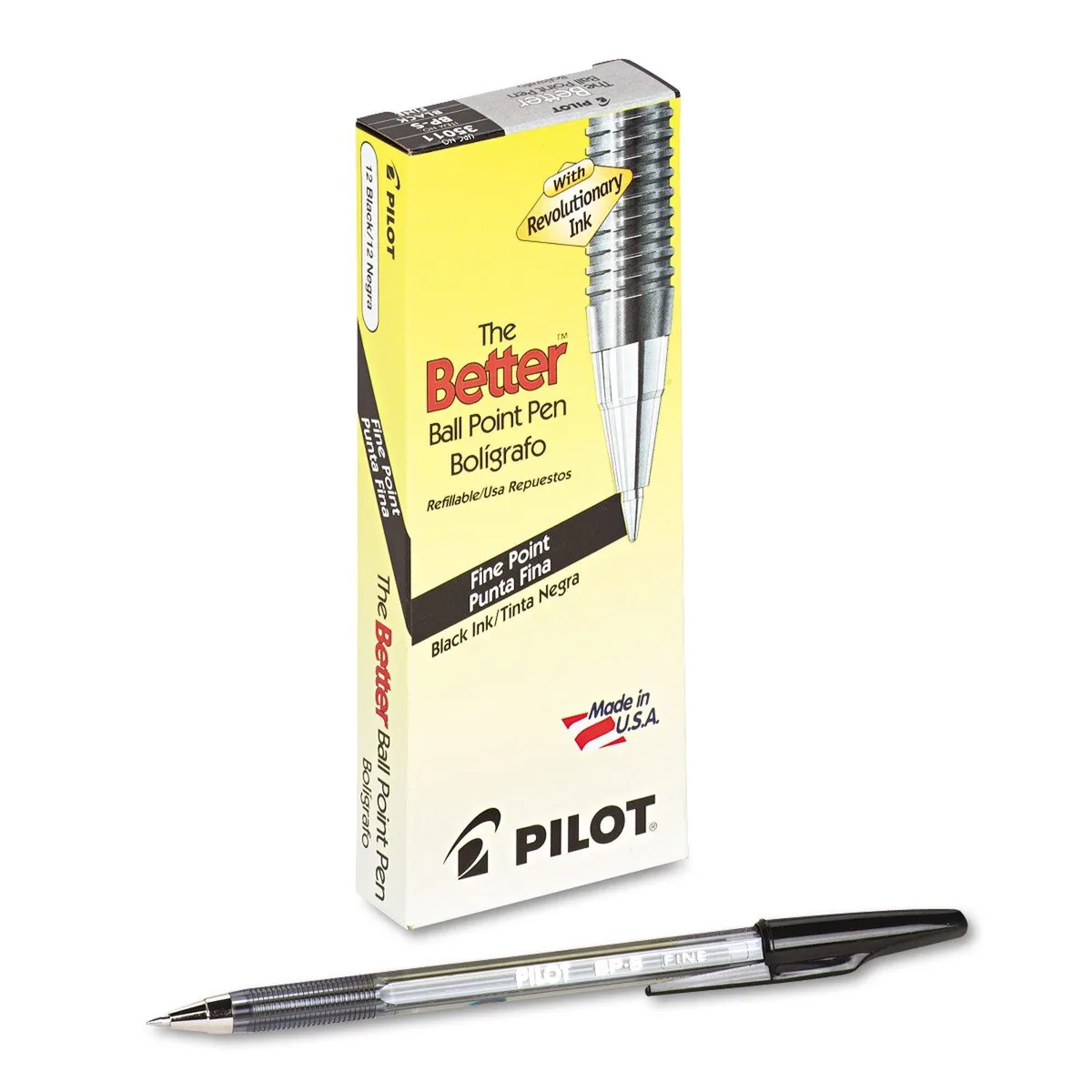 Box of twelve fine-point black ballpoint pens with textured plastic barrels and metal accents