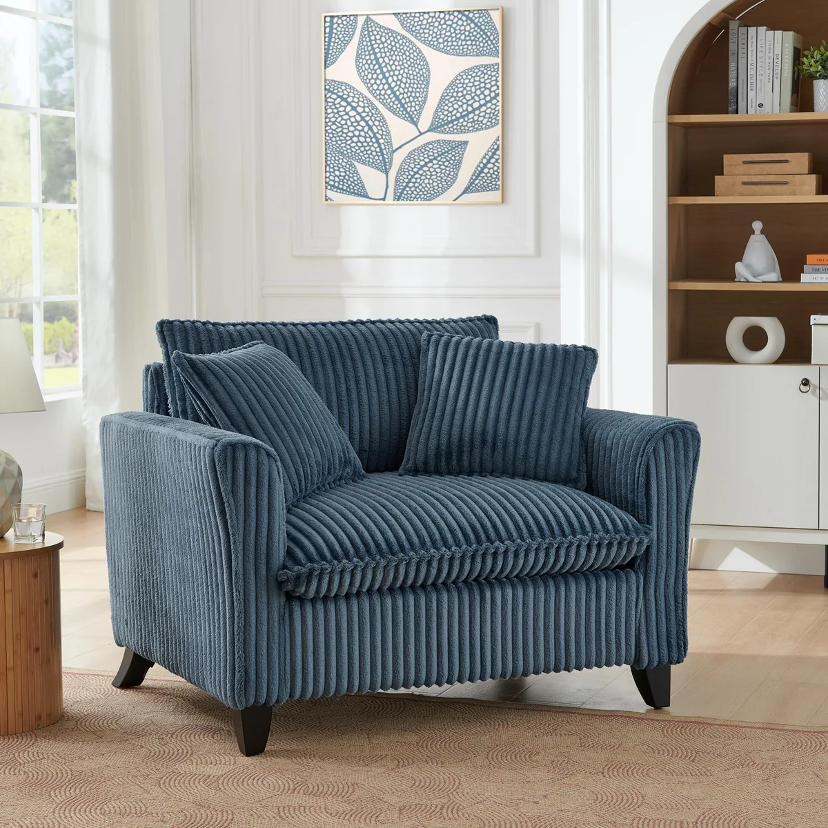 Blue corduroy single sofa chair with tufted fabric, armrests, backrest and soft seat cushion