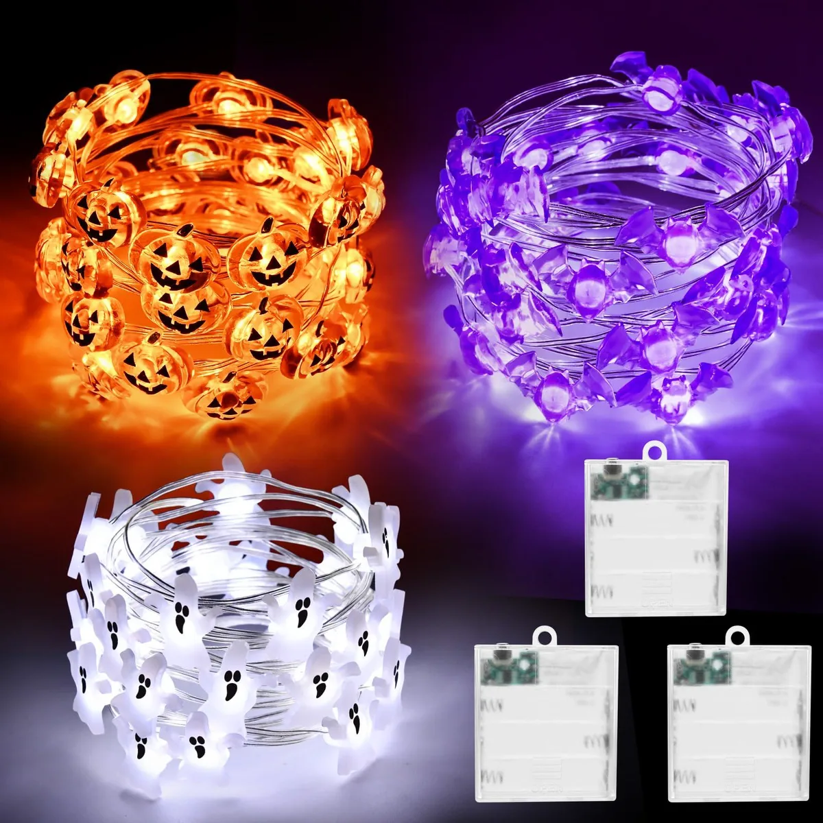 DNBeffulgent DNBeffulgent Halloween String Lights 3 Pack Pumpkin Ghost Bat 9.8ft 30LED Battery Timer — product photo
