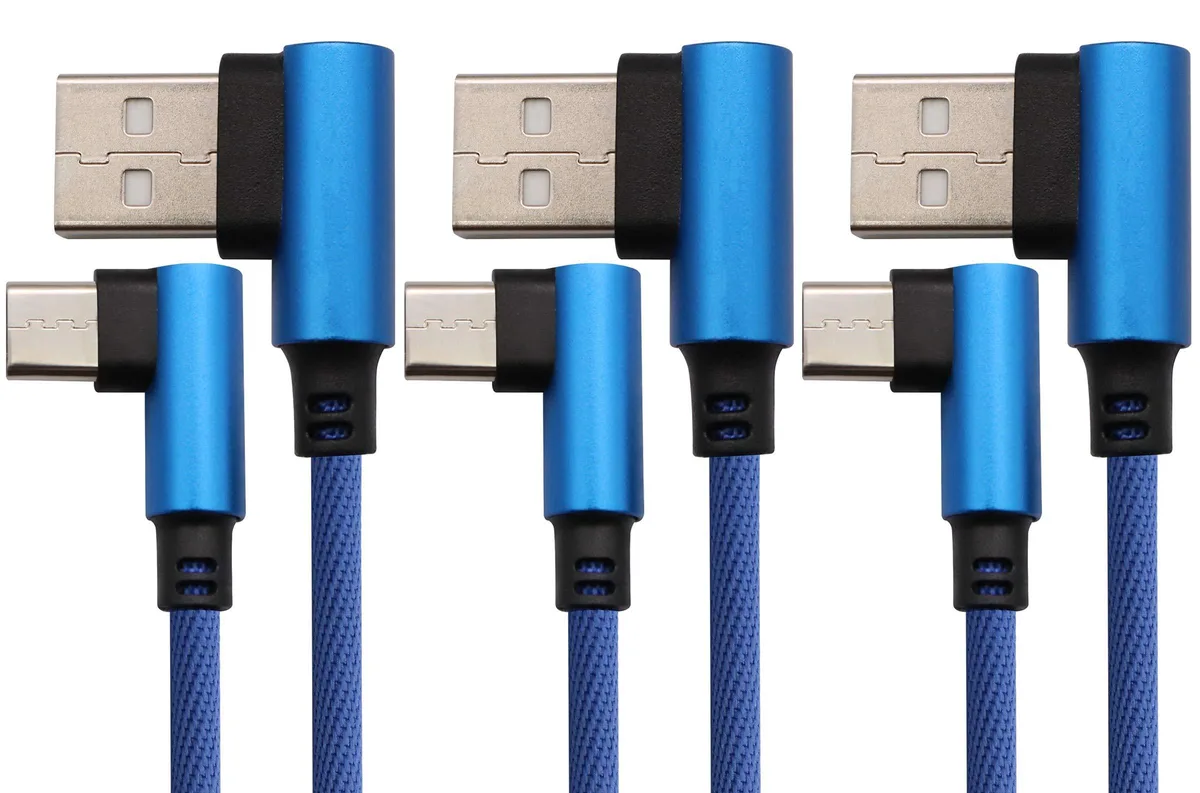 Three blue nylon-braided cables with 90-degree USB-C and USB-A connectors