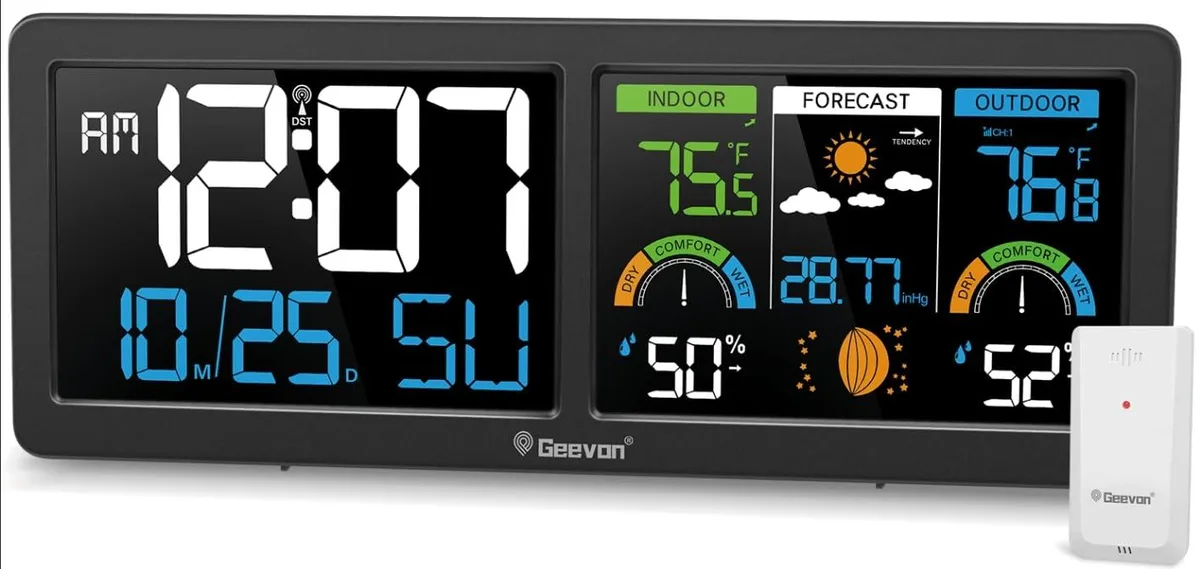 Black rectangular weather station with large colour display, wireless sensor and atomic clock