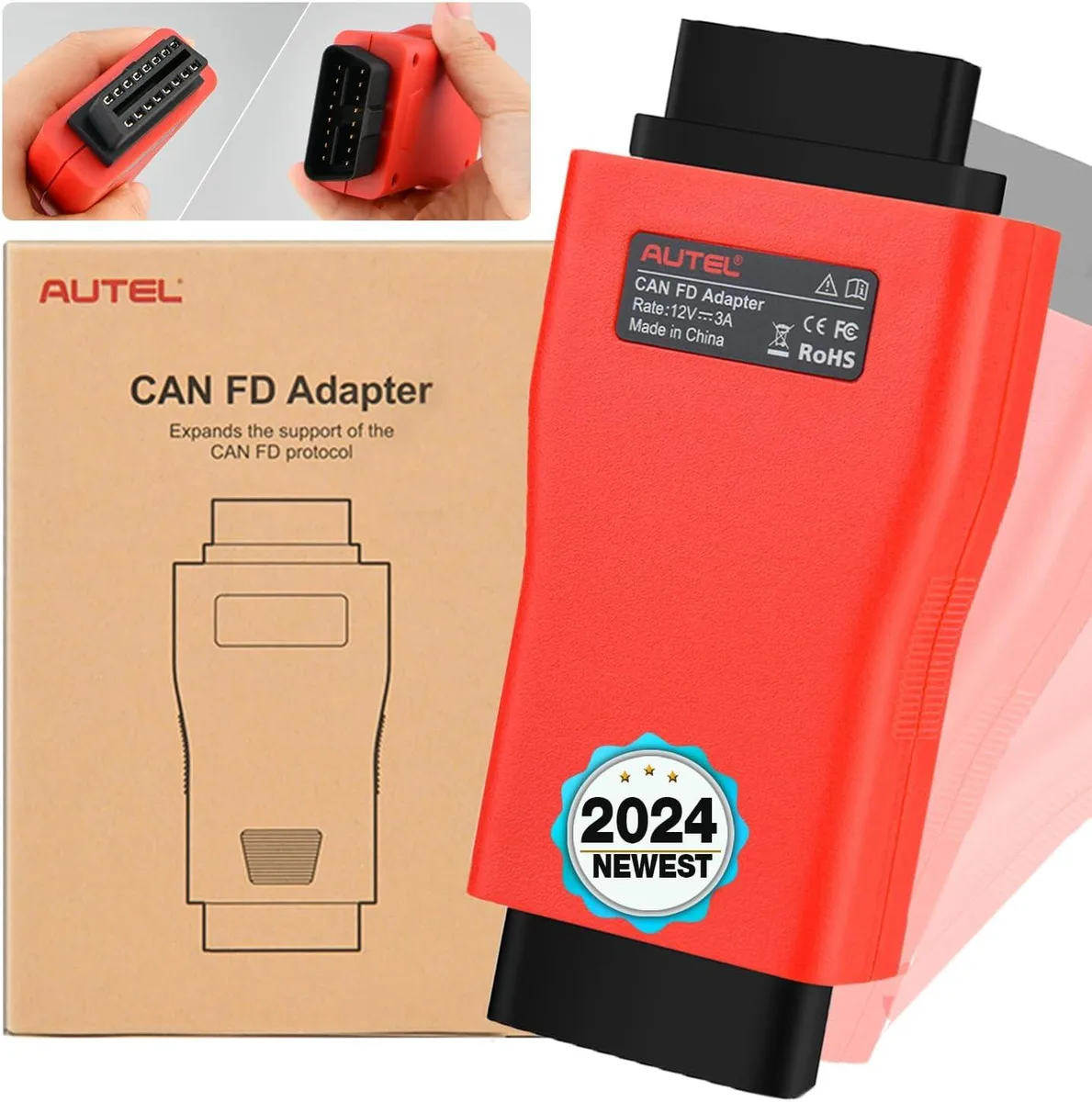 Small black rectangular adapter with OBD-II connector and cable