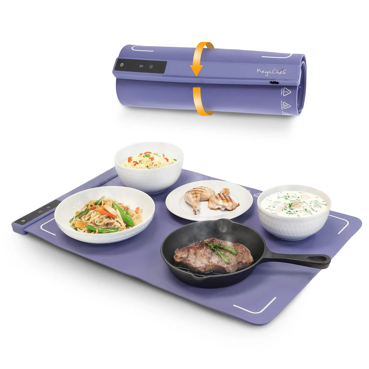 Rectangular silicone warming mat, flexible light-grey surface, digital display with touch controls on one end