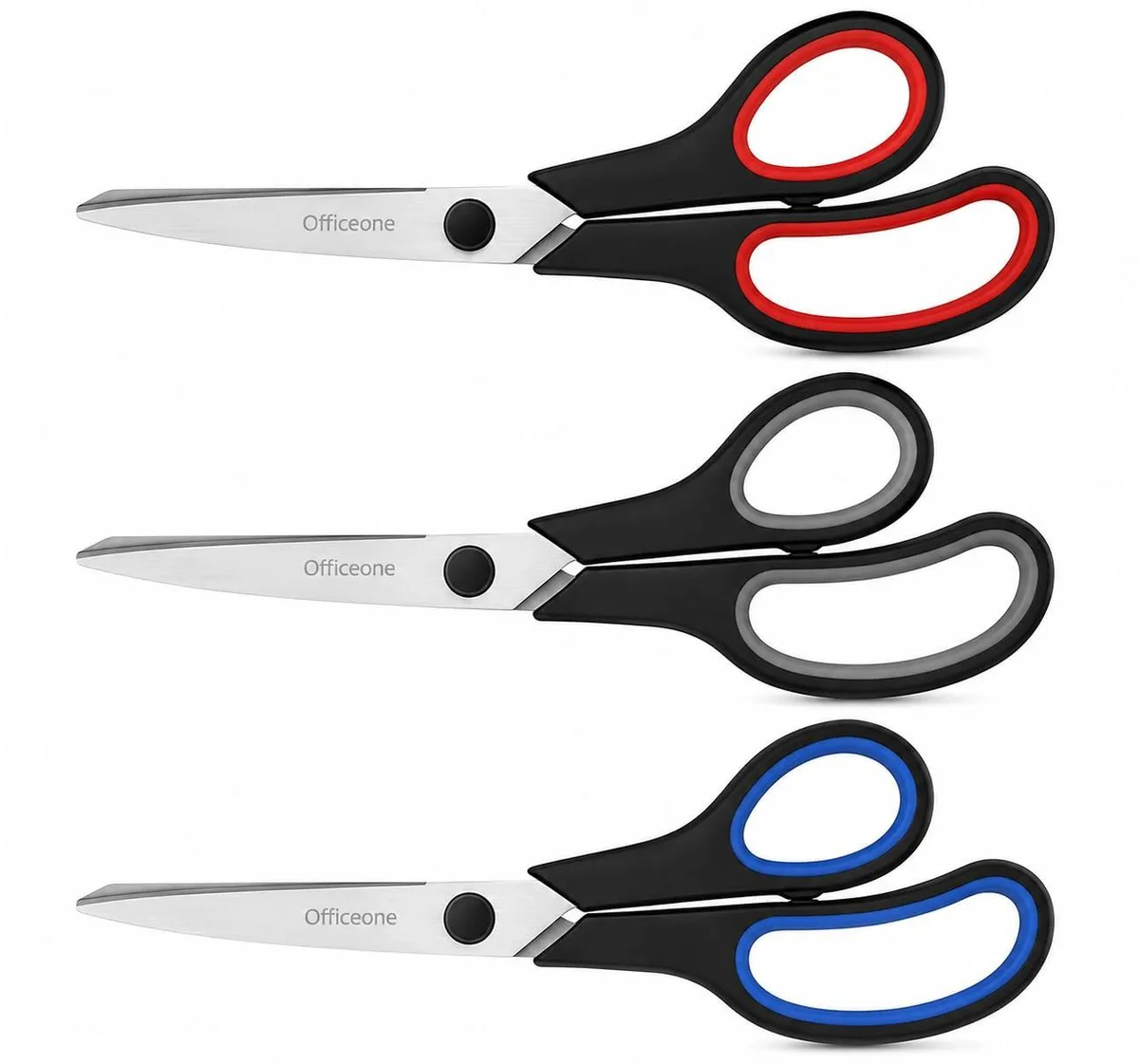 Three 8-inch stainless steel scissors with blue and gray rubber handles in a 3-pack