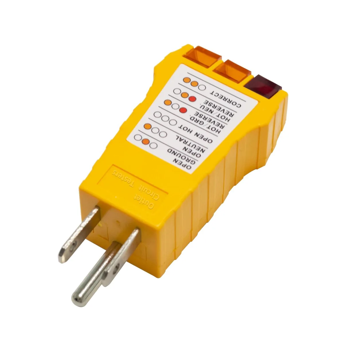 Yellow plastic 120V outlet tester with three prongs and indicator lights