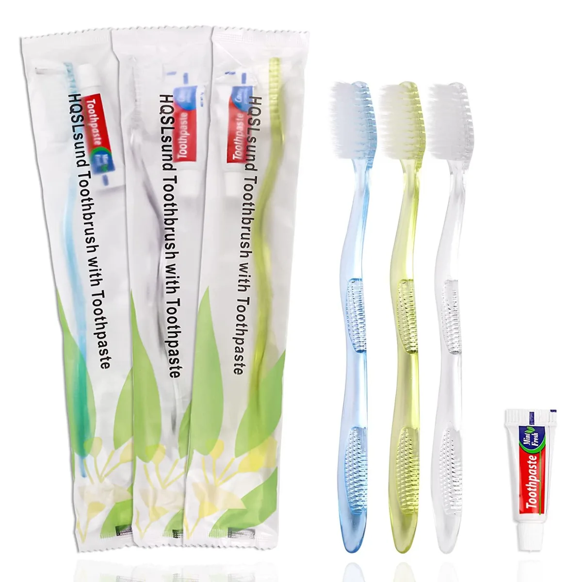 Box of 30 individually wrapped disposable toothbrushes with mini toothpaste tubes, three translucent colors