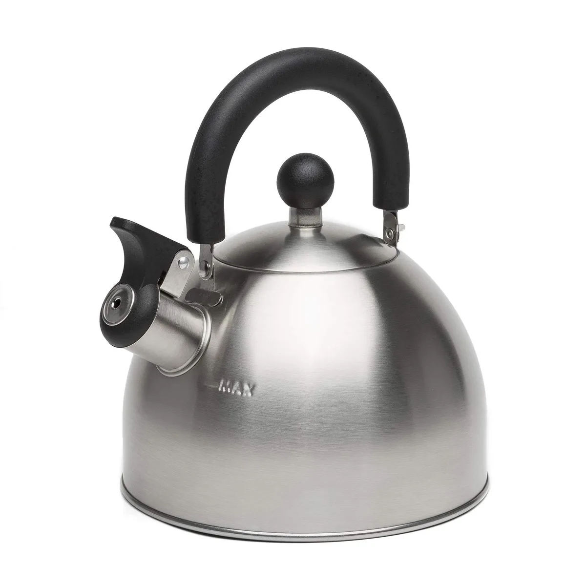 Brushed silver stovetop kettle with black folding handle