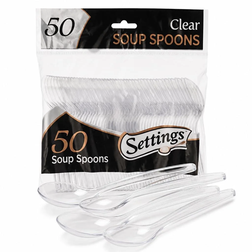Boxed set of 50 clear plastic soup spoons, black packaging