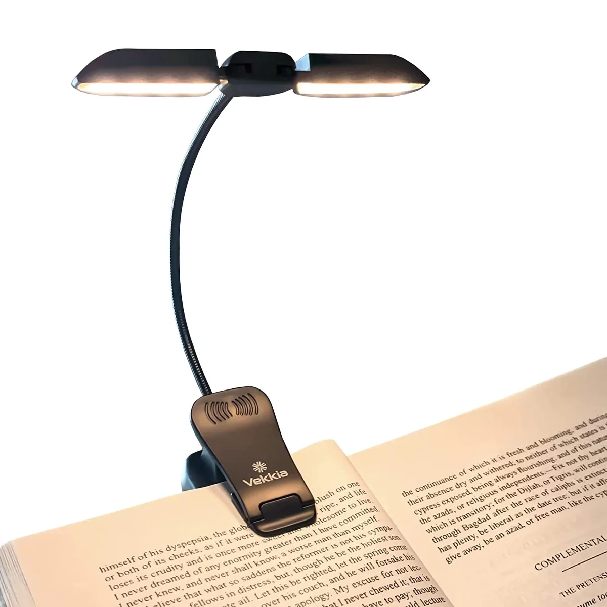 A compact clip-on book light with two adjustable heads, matte finish and a USB charging port