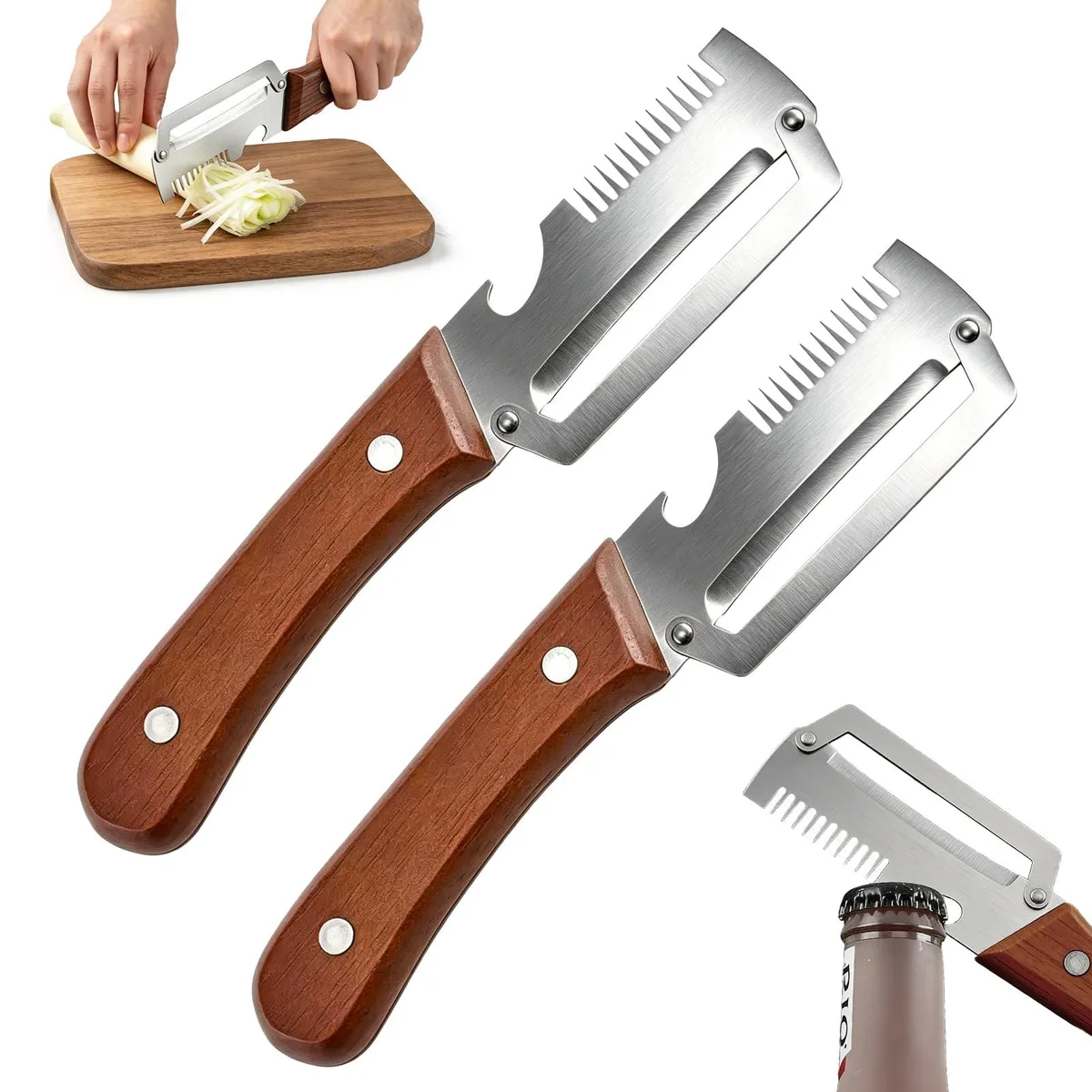 Two wooden-handled peelers with stainless steel blades and julienne teeth