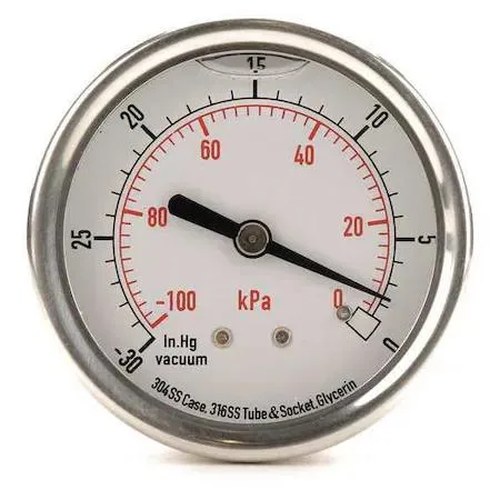 Silver stainless steel vacuum gauge with white dial and center back connection