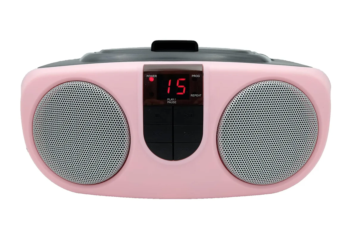 Pink portable CD boombox with AM/FM radio, LED display, carry handle and auxiliary input