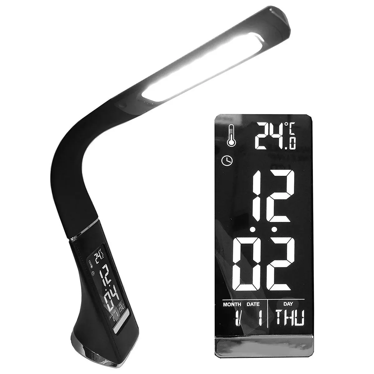 Hetai Tech desk lamp with leather-look brown finish, black base, flexible arm, LCD clock display, touch controls