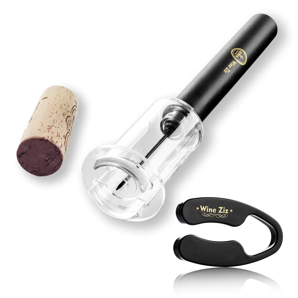 Black wine opener gift set with foil cutter and vacuum stoppers in box