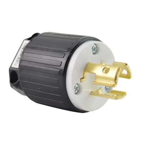 Black twist-lock plug with spring-clamp terminals, NEMA L6-15P rating