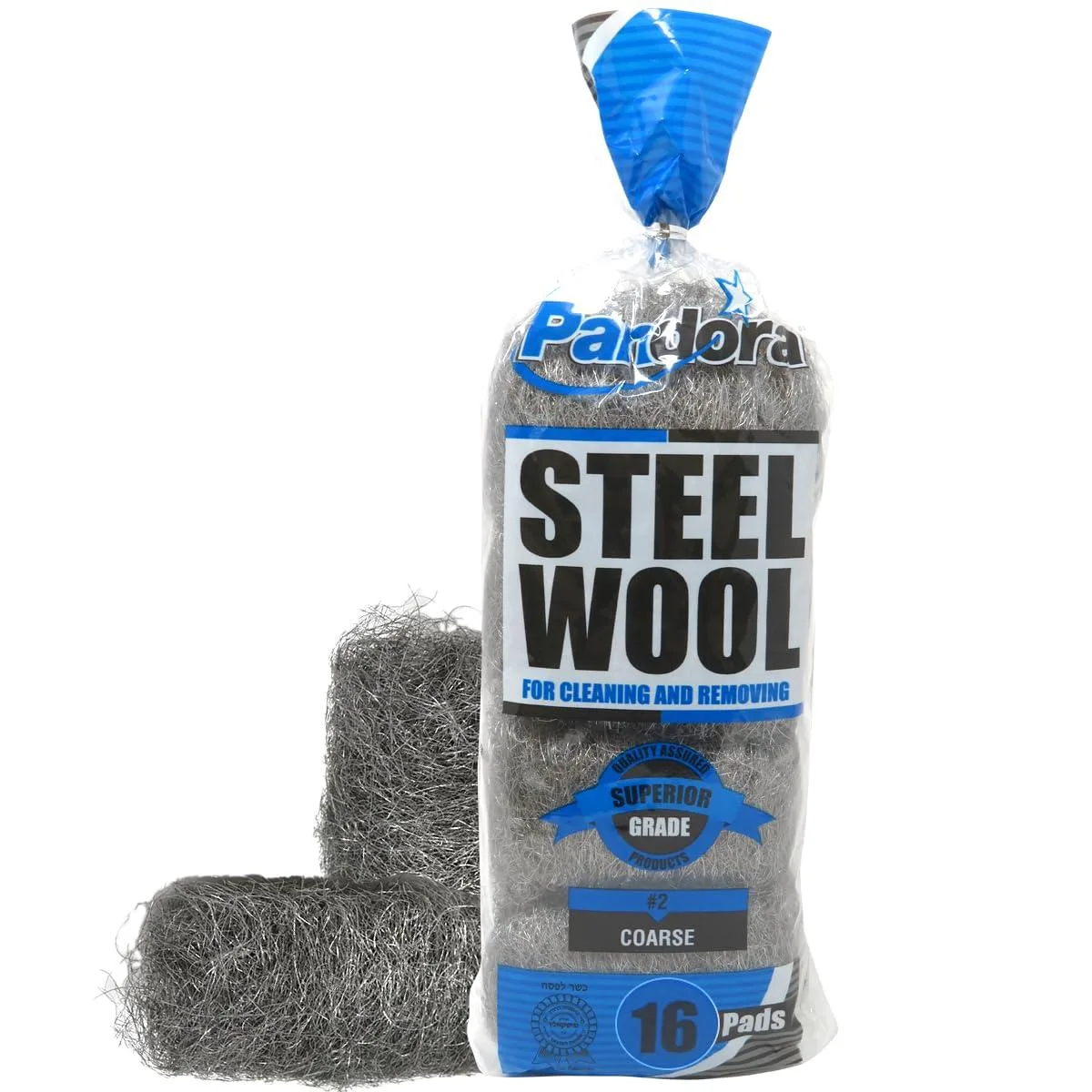 Pack of 16 coarse steel wool pads in cardboard sleeve