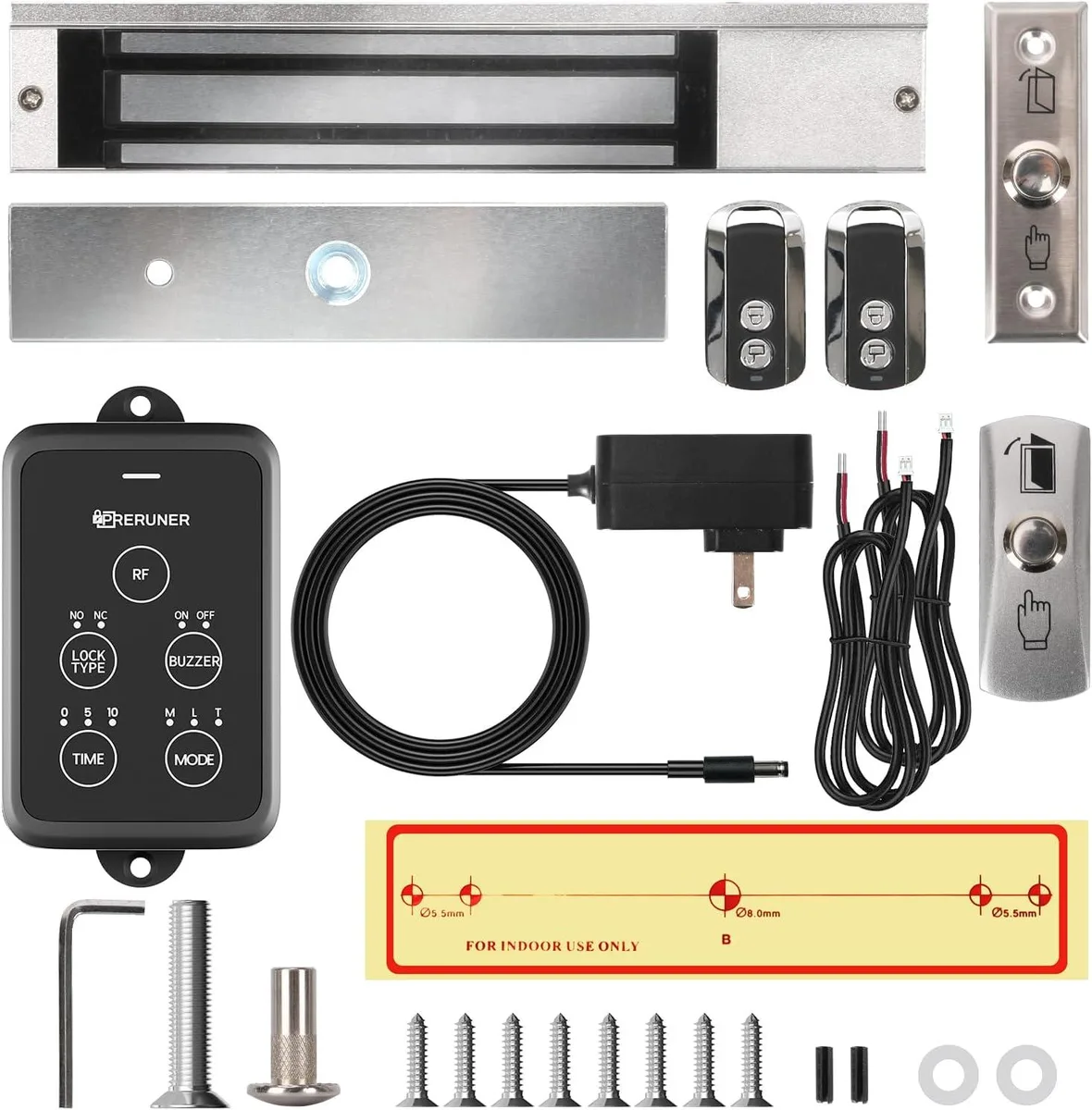 Silver rectangular electromagnetic lock unit with integrated control panel and two handheld remote controls