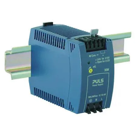 Compact grey plastic DIN-rail power supply with green LED indicator and screw terminals