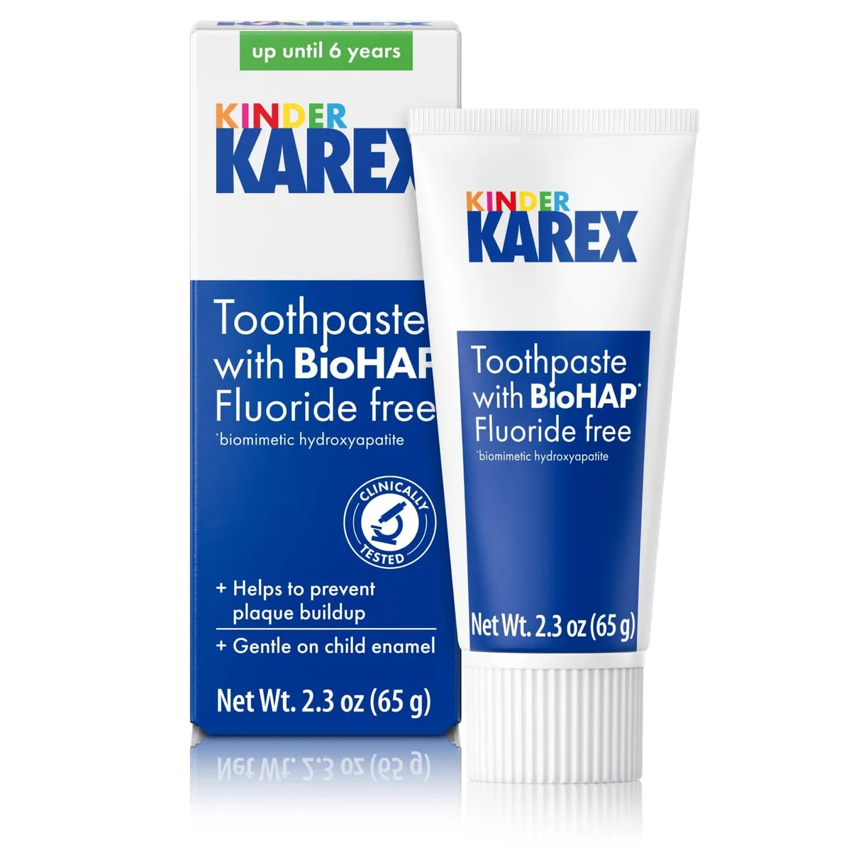 White tube with blue cap, 65 grams fluoride-free kids toothpaste