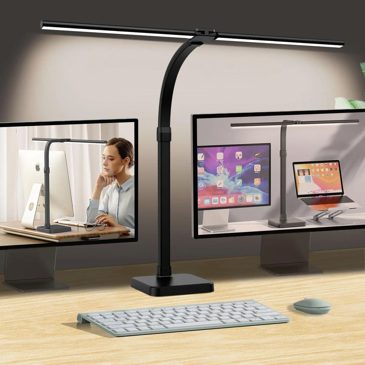 Orange double-head LED desk lamp, 31 inch wide head, flexible gooseneck, thick base