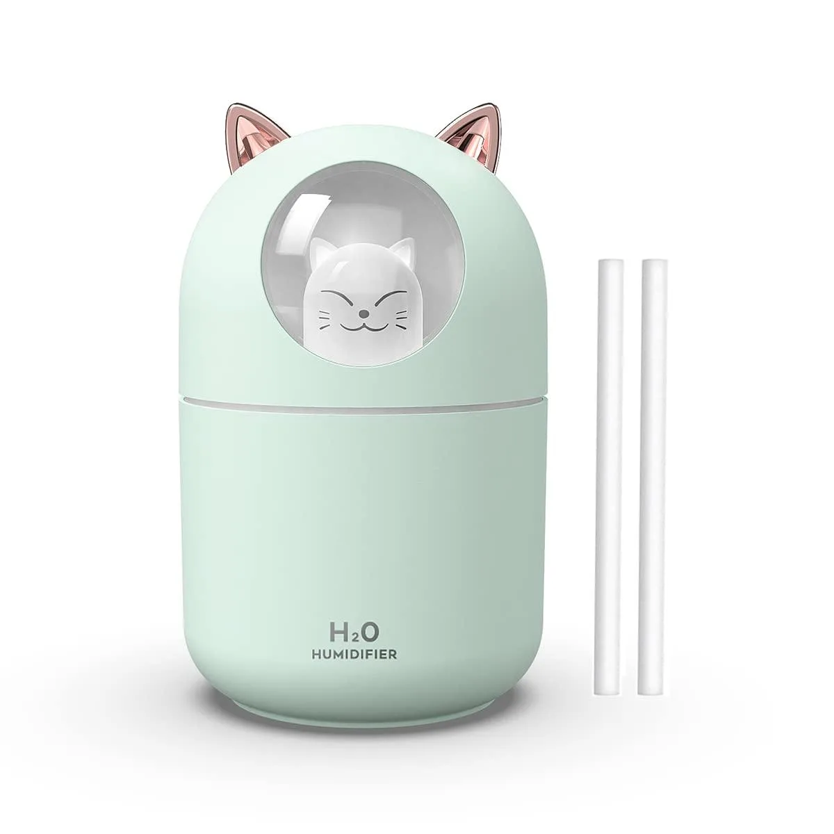 Green cat-shaped mini humidifier with USB cable, 300ml water tank, colourful night light