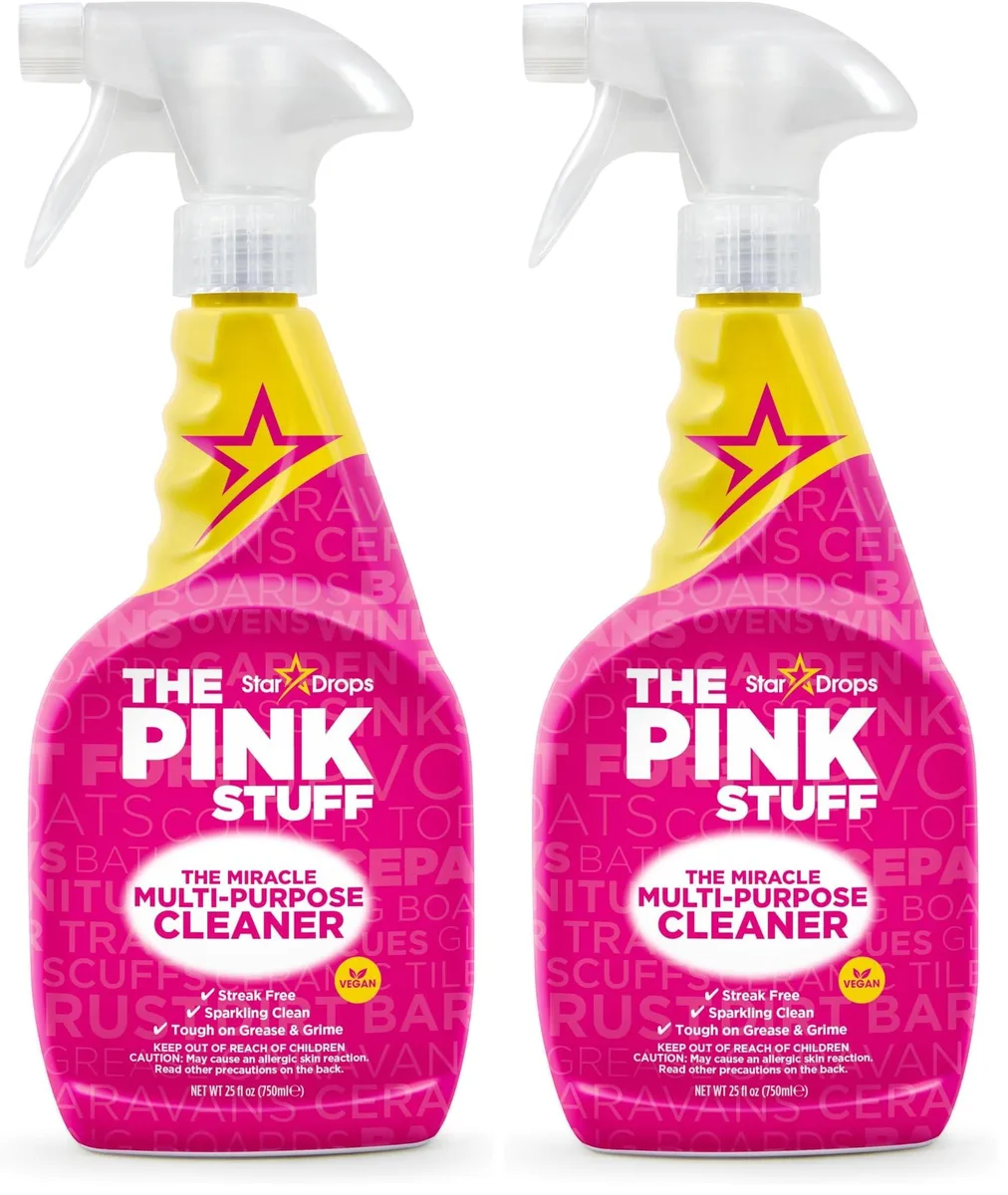 Two white spray bottles of multi-purpose cleaner side by side