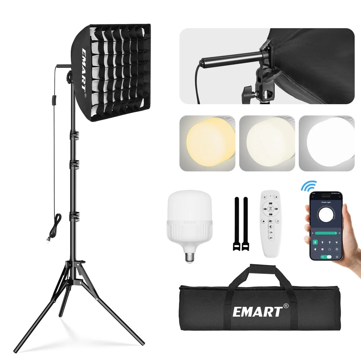  EMART EM-SBK1616P-WJ-GS 16"x16" Pull Softbox with Honeycomb Grid 50W 3000K-6000K LED Remote/App Control — product photo