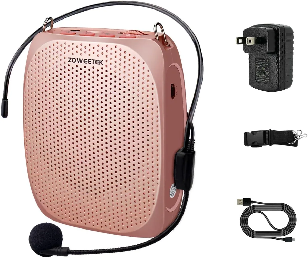 Compact rectangular voice amplifier with headset microphone, matte finish, belt clip visible