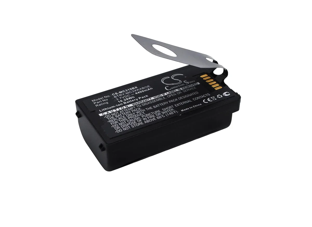 Rectangular black battery with label and gold contacts