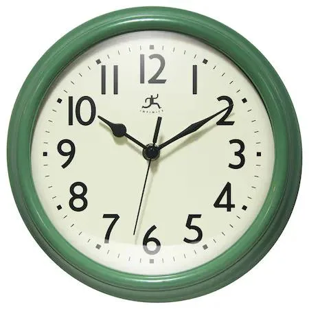 Green plastic wall clock, 9.5 in. diameter, black metal hands
