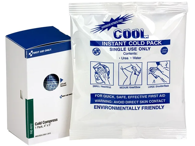 Single rectangular instant cold pack, white with blue print, 5 by 4 inches