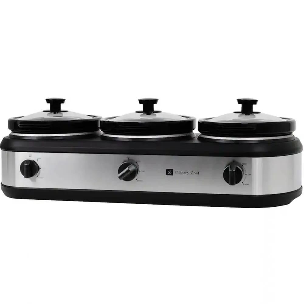 Triple slow cooker with three oval stoneware pots, glass lids, and individual controls
