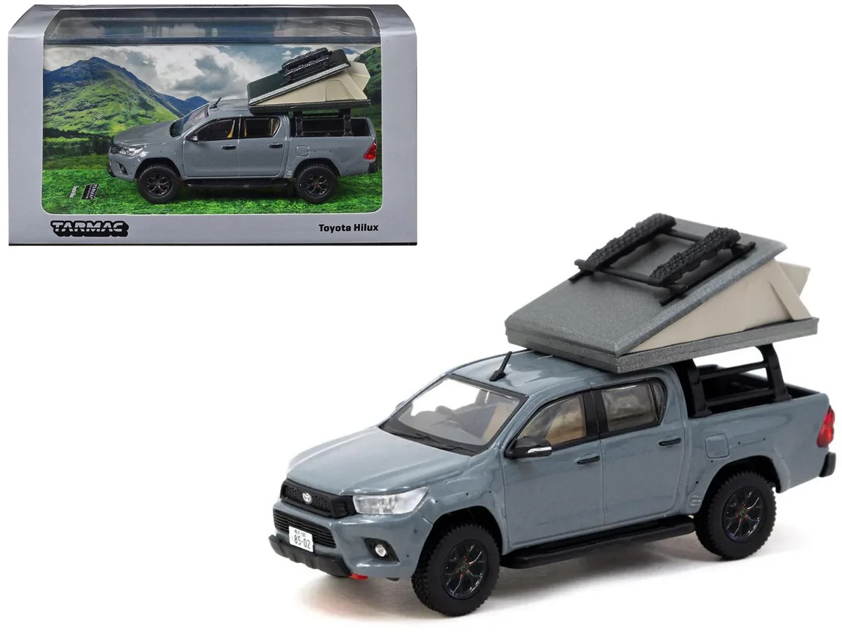 Tarmac Works Tarmac Works Toyota Hilux Pickup Truck RHD Gray Camping Equipment Road64 1/64 Die Cast Hobby Collectible — product photo