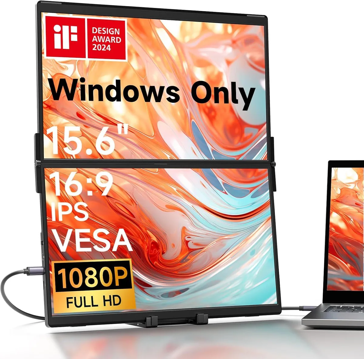 Two stacked 15.6-inch matte IPS panels with magnetic back and collapsible stand