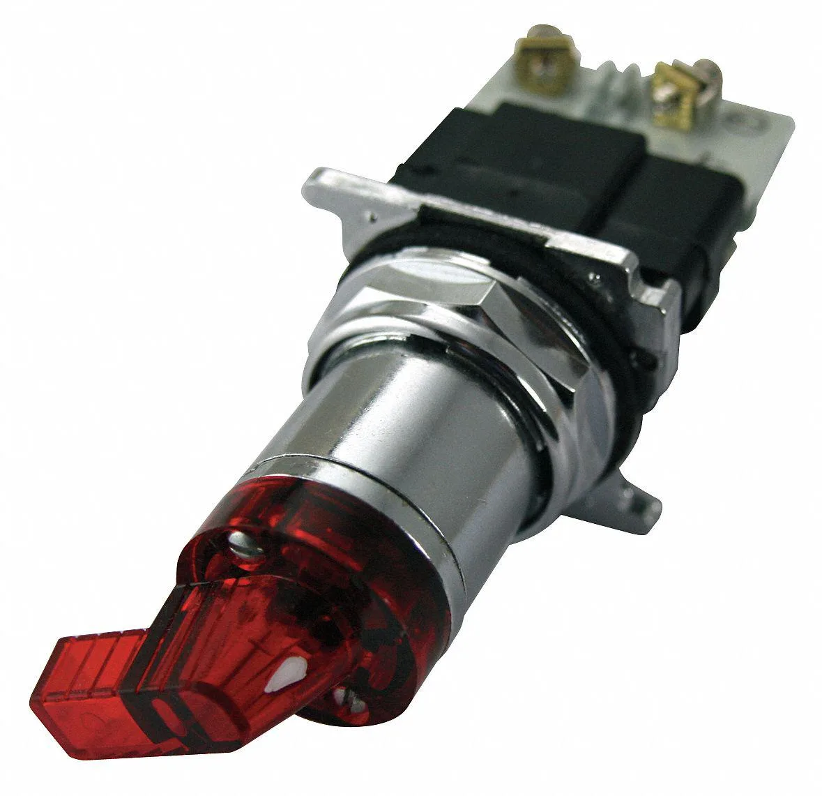 Red illuminated selector switch, 30 mm chrome bezel, polymer lever