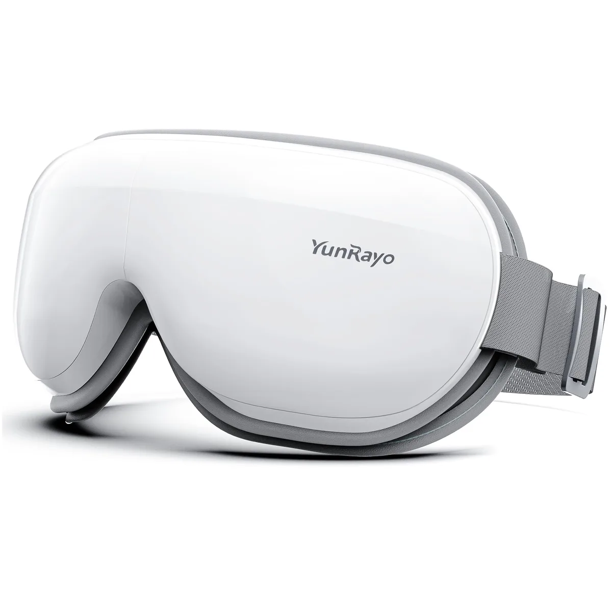 White eye massager mask with curved frame and soft padding
