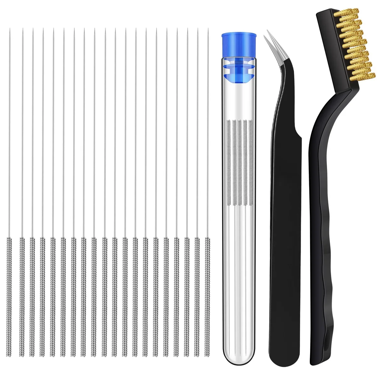 22-piece nozzle cleaning kit with 20 needles, copper brush and tweezers