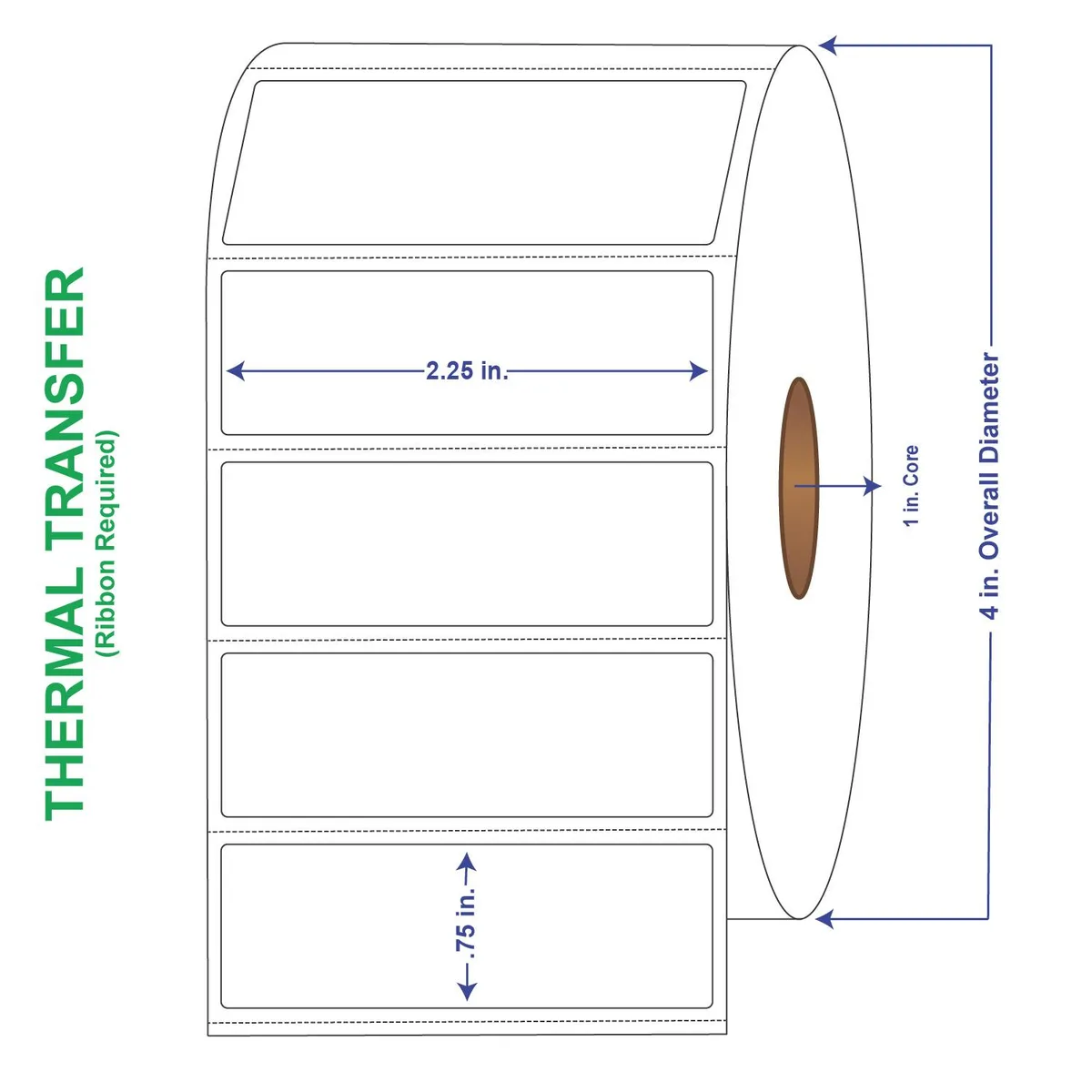 White rectangular thermal transfer label rolls with perforated edges in a carton