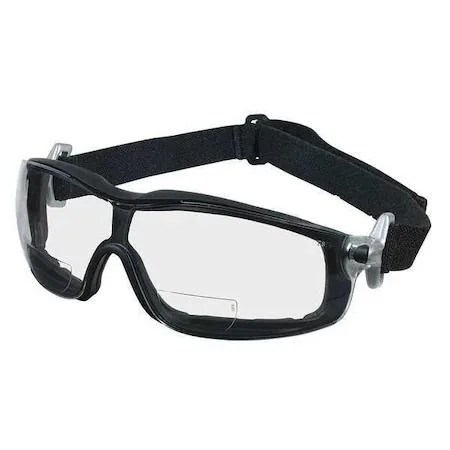 Black nylon wraparound safety goggles with elastic headband and indirect vents