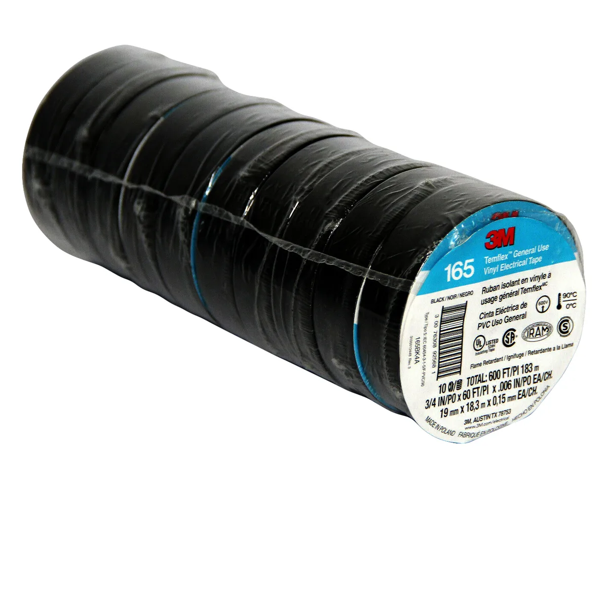 Ten black vinyl electrical tape rolls in a row