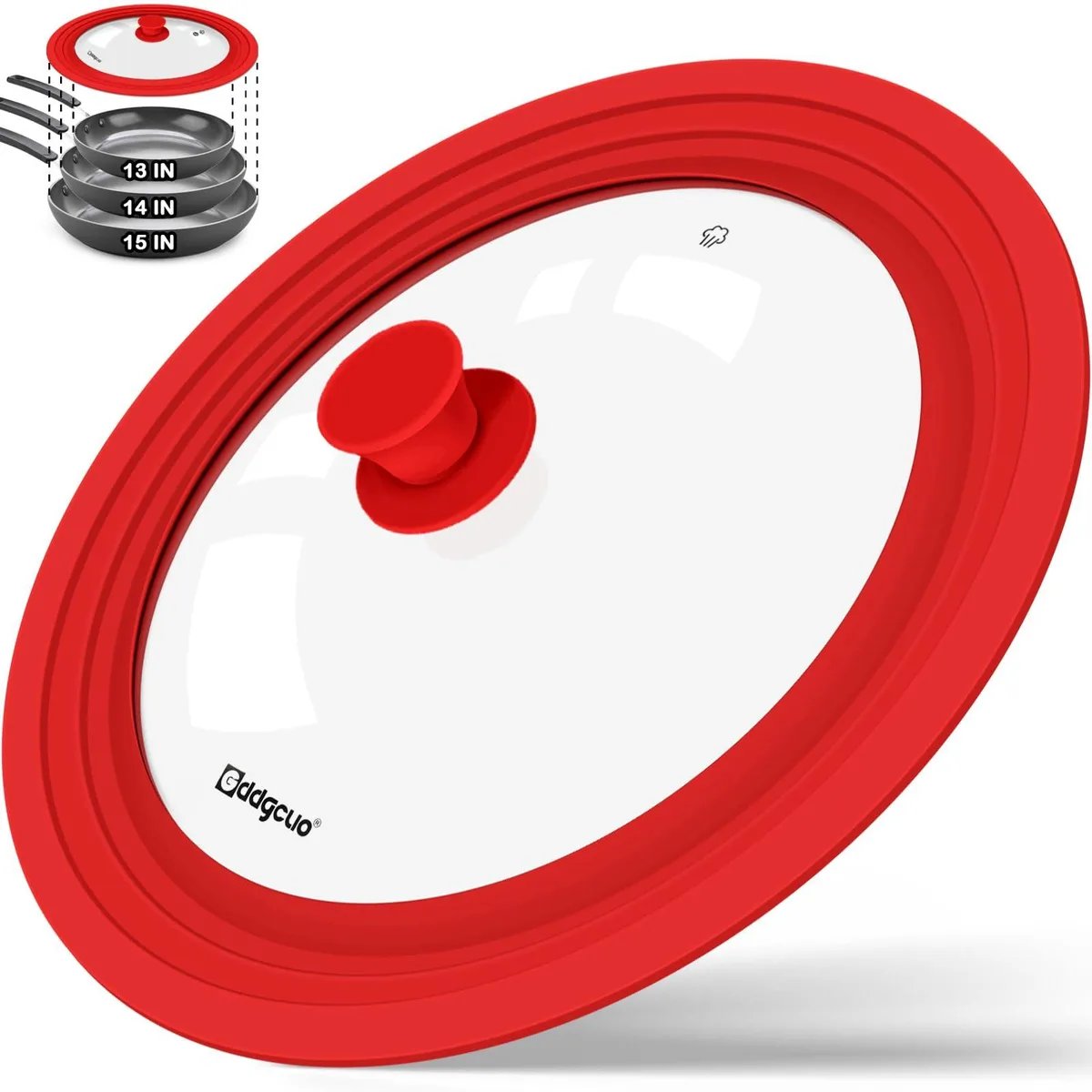 Red silicone-rimmed glass lid with steam vent and insulated handle, fits 11 12 13 inch pans