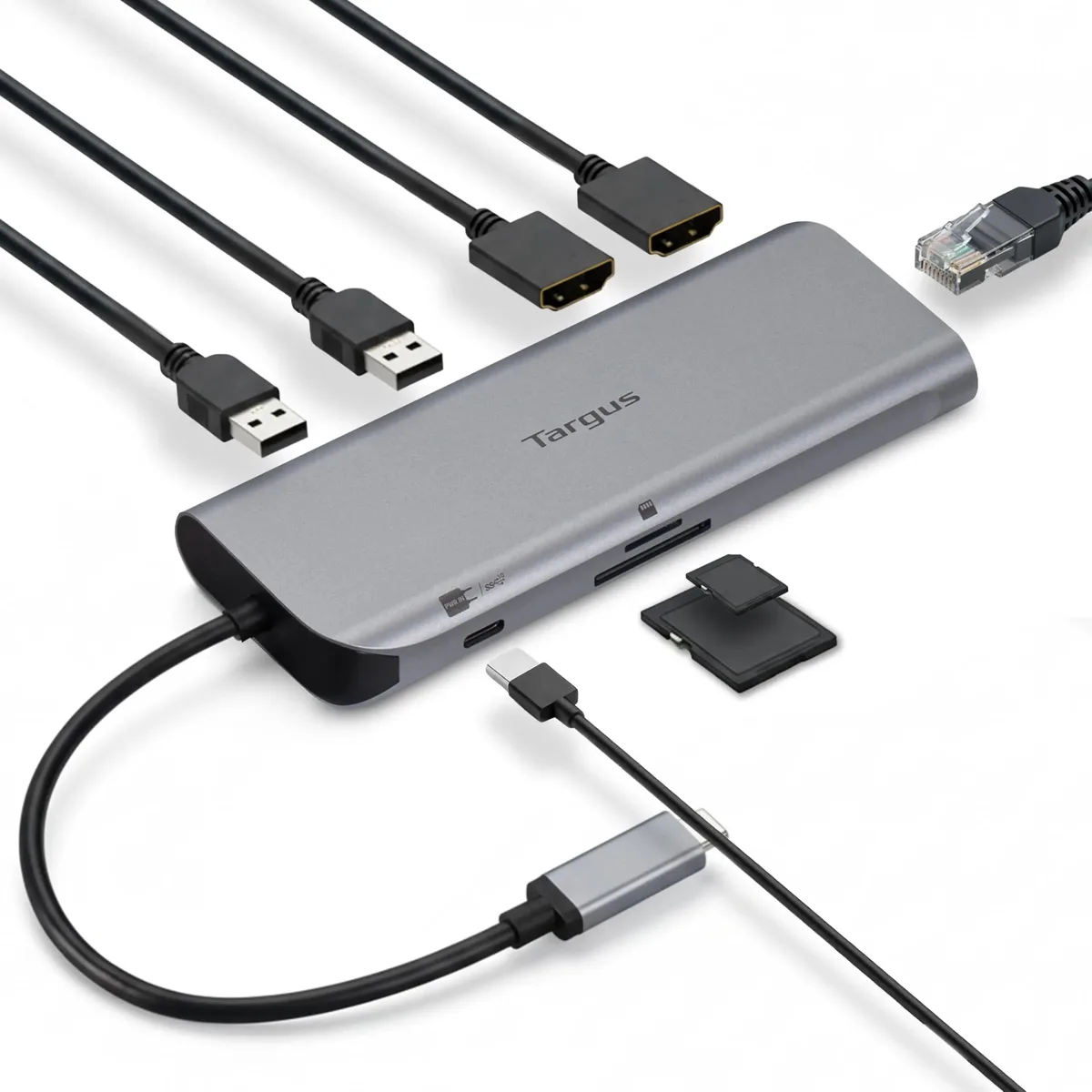 Silver rectangular docking station with multiple ports on the front face