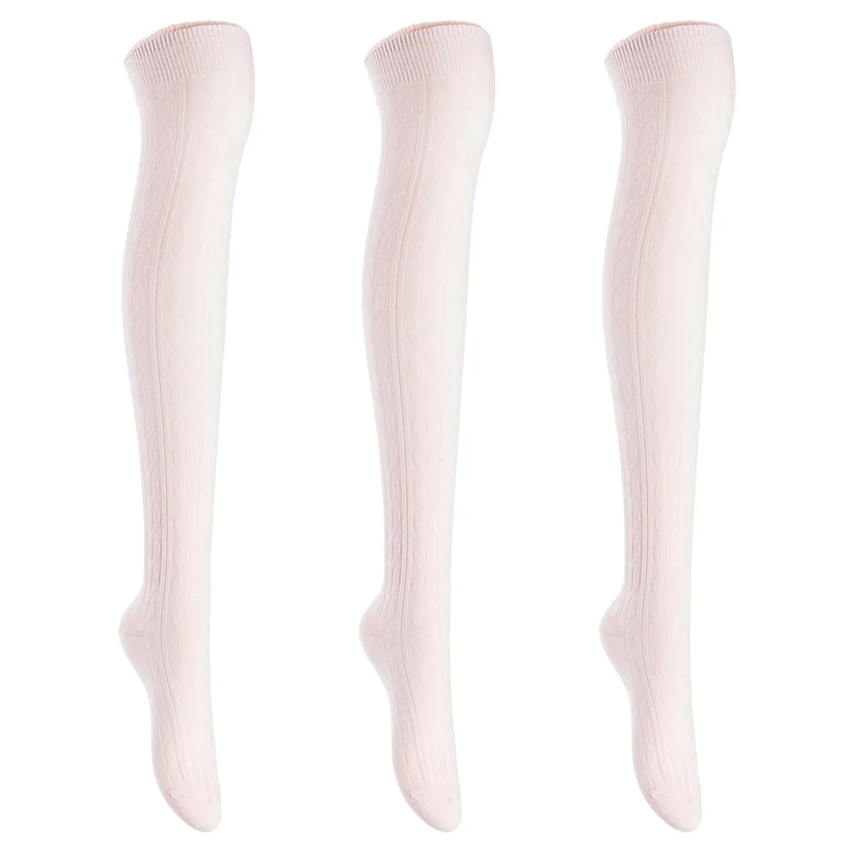 Three pairs of beige thigh-high cotton socks folded together