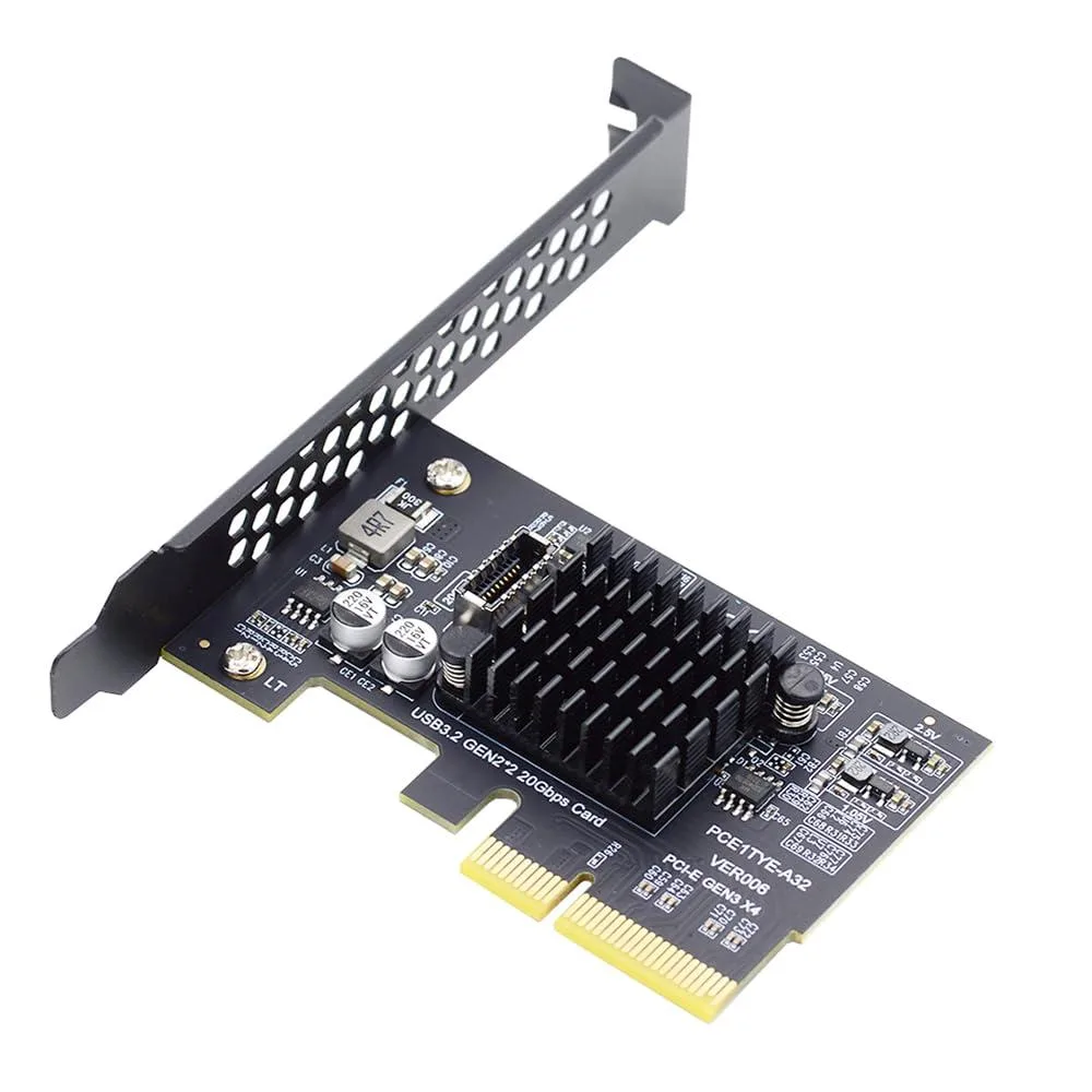 Compact PCIe card with a single USB Type-E front panel port, silver bracket and green PCB