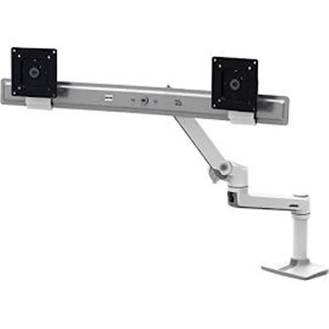 Polished aluminium dual monitor arm desk mount with two joints