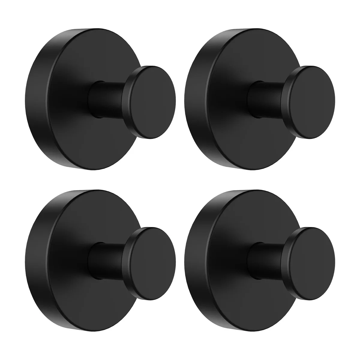 Four matte black stainless steel suction cup hooks on a wall