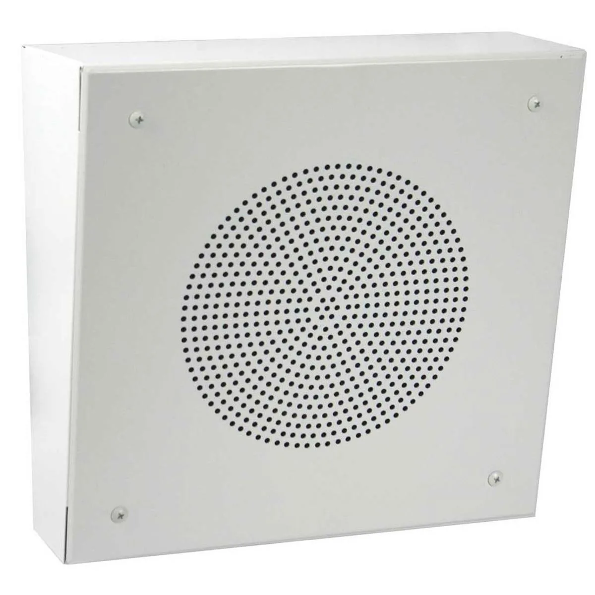 White 8-inch surface-mount speaker with sloped steel enclosure and bevelled grille