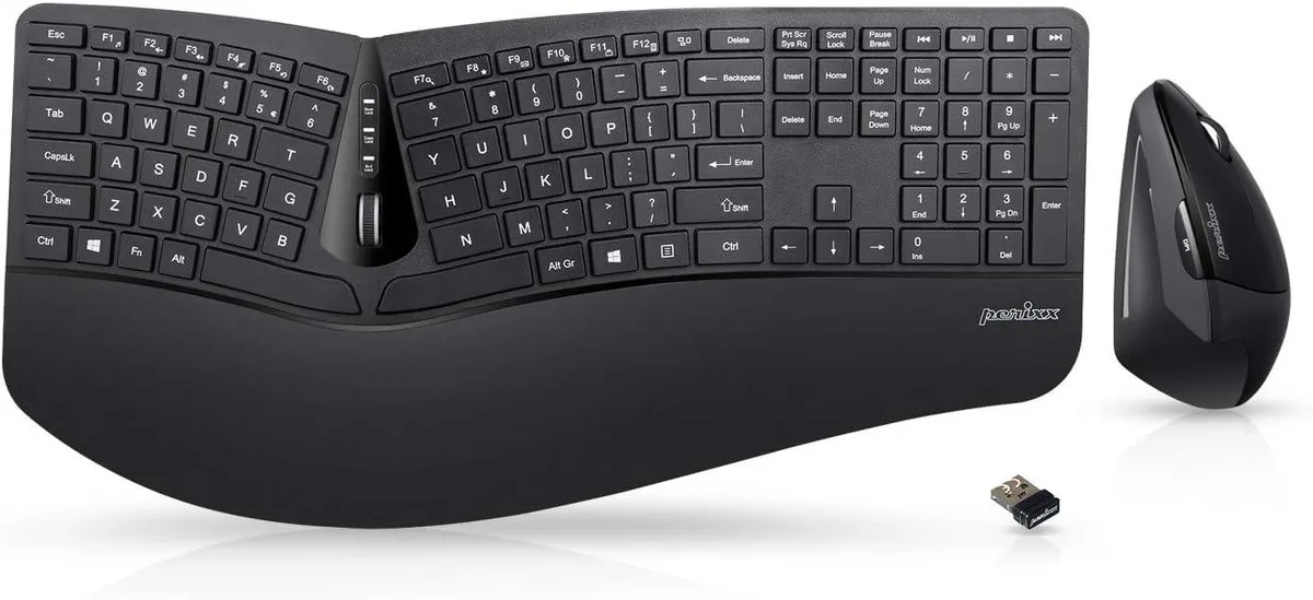 Black split ergonomic keyboard with adjustable palm rest and matching vertical mouse
